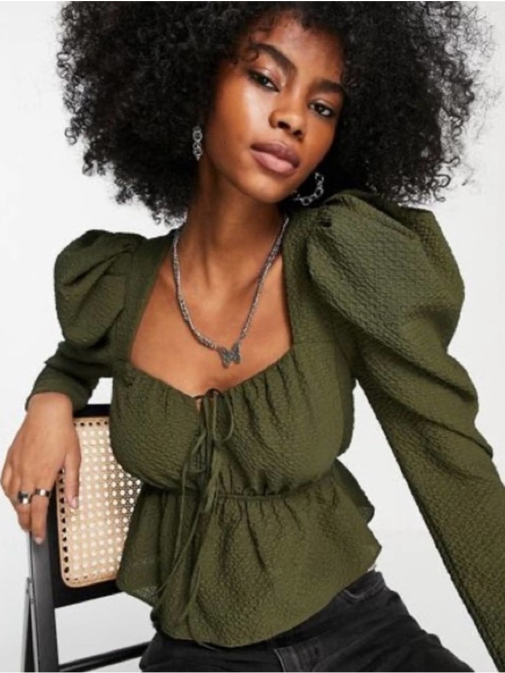 Top shop olive textured peasant blouse with tie-front